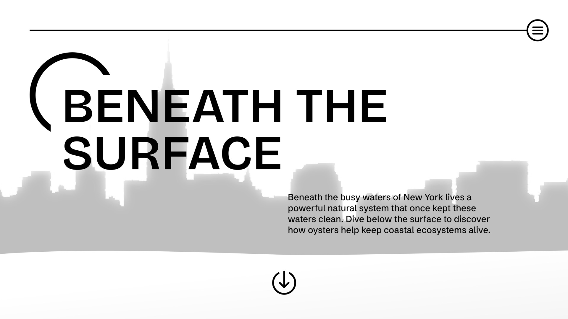Version 1 homepage wireframe: large black title over a gray New York skyline