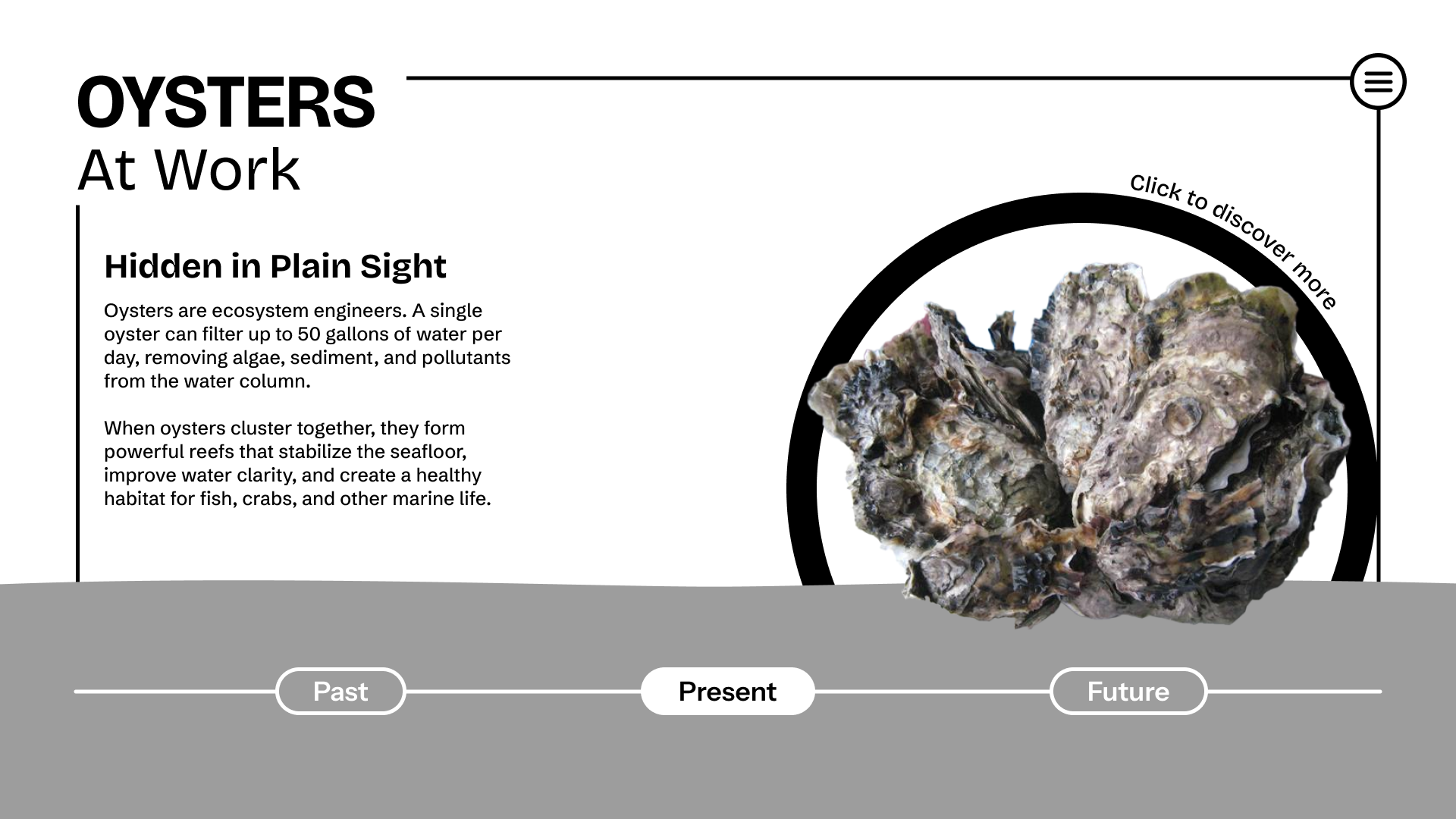 Version 1 ‘Oysters at Work’ wireframe: text beside a photo of oysters in a circular frame, above a Past, Present and Future timeline
