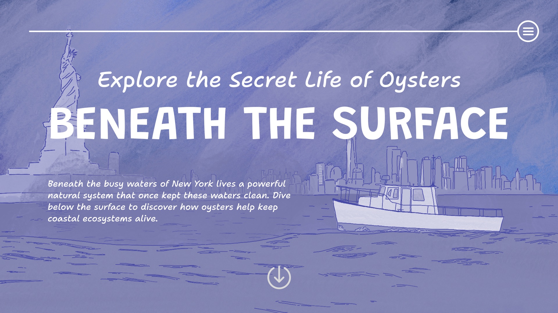 Version 2 homepage: illustrated New York harbor in purple with a ferry and the Statue of Liberty