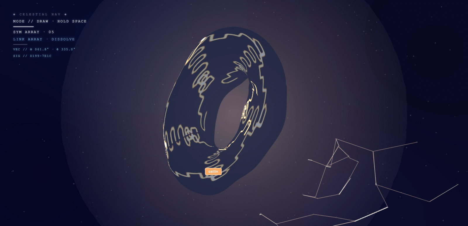 Orbis: a glowing ring drawn in light lines floating in a starry space, with constellation lines nearby