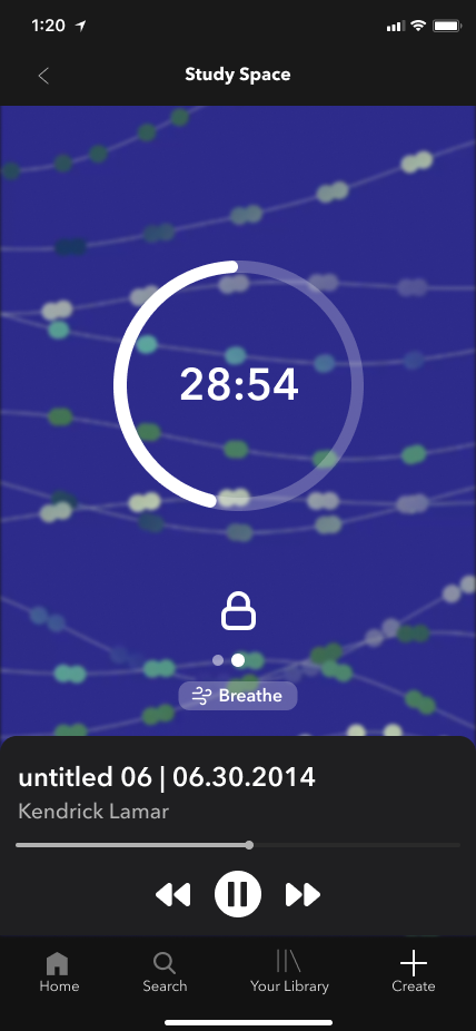 Spotify Study Space screen: a circular study timer over drifting dots, with the music player below