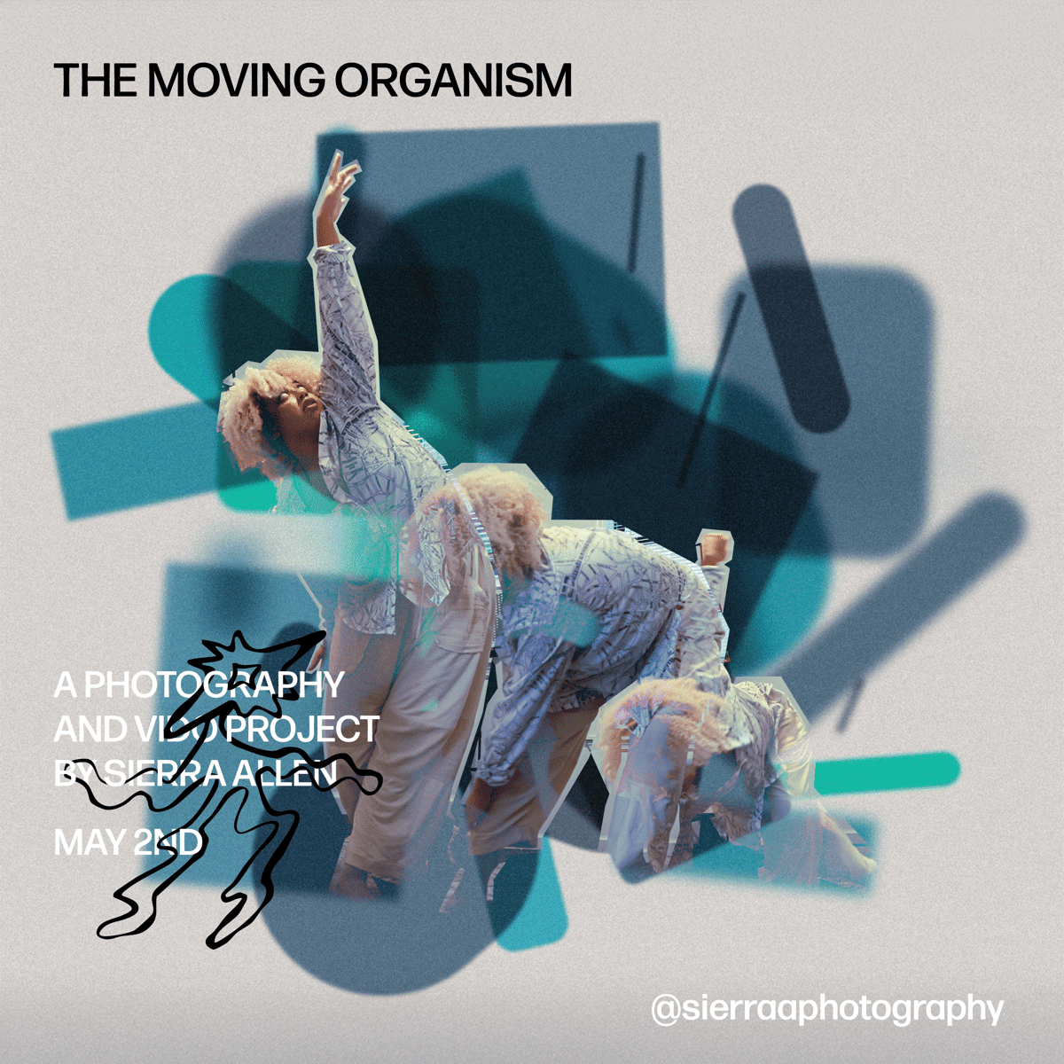 First direction: dancer photographed in motion, layered over blurred teal and slate geometric shapes, with a scribbled figure and plain sans serif type