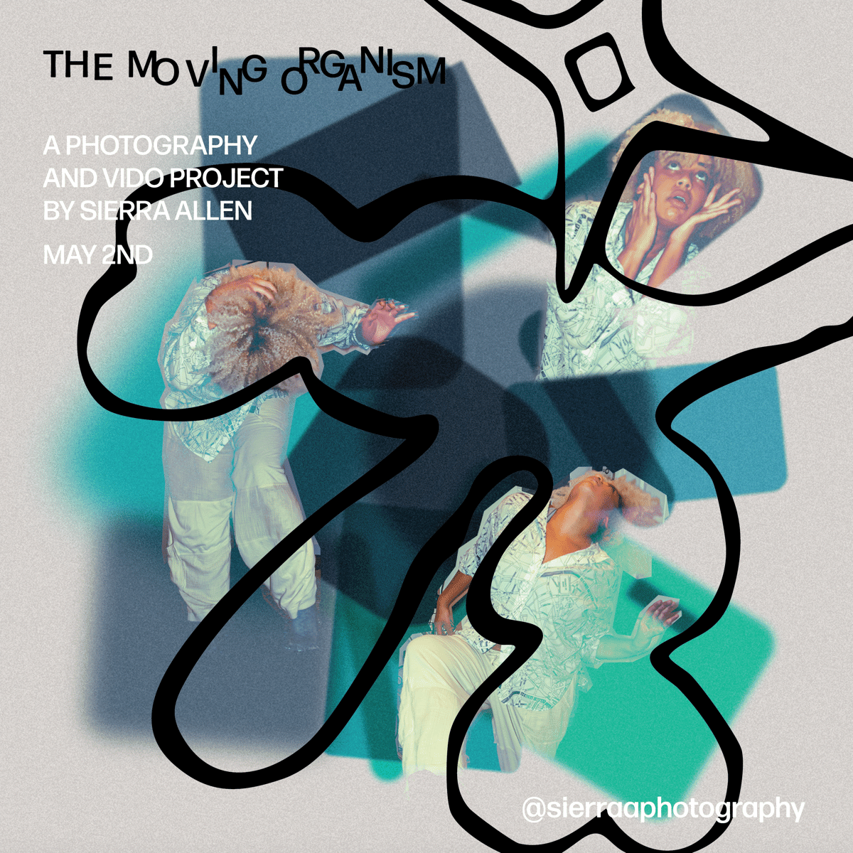First direction: three overlapping photos of a dancer inside a bold black organic outline, over blurred teal shapes