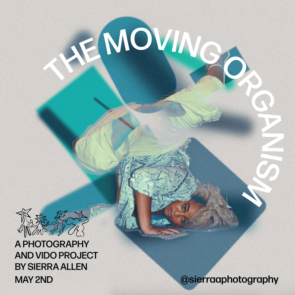 First direction: a dancer mid-floorwork framed by blurred geometric shapes, with the title set in a circular arc