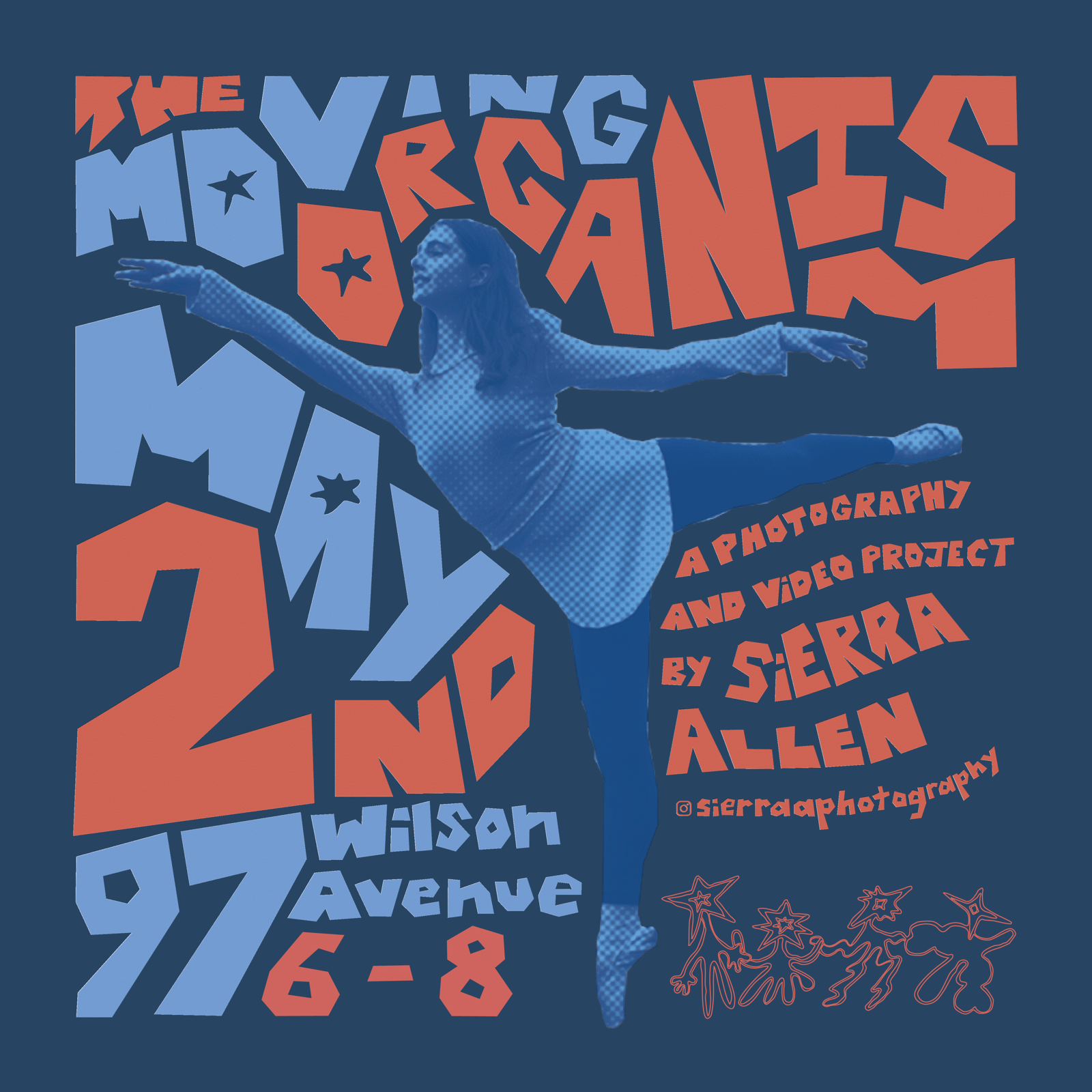 Instagram post 2: A ballet dancer in arabesque between the stacked title and the date, framed by the paper-cut title type