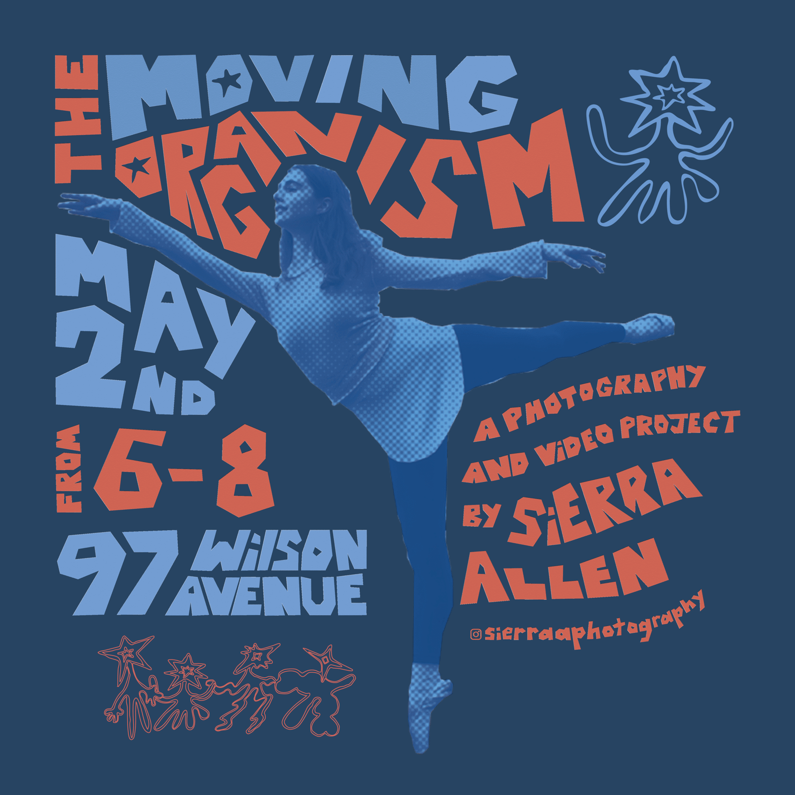Instagram post 6: A ballet dancer in arabesque beside the date and address, framed by the paper-cut title type