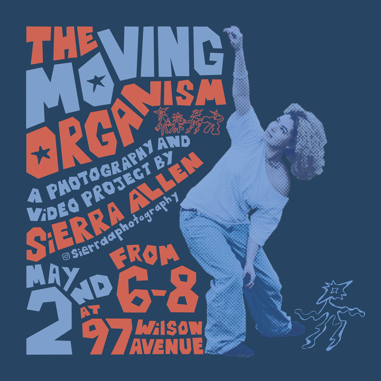 Instagram post 7: A dancer bending sideways, arm raised, in an alternate color layout, framed by the paper-cut title type